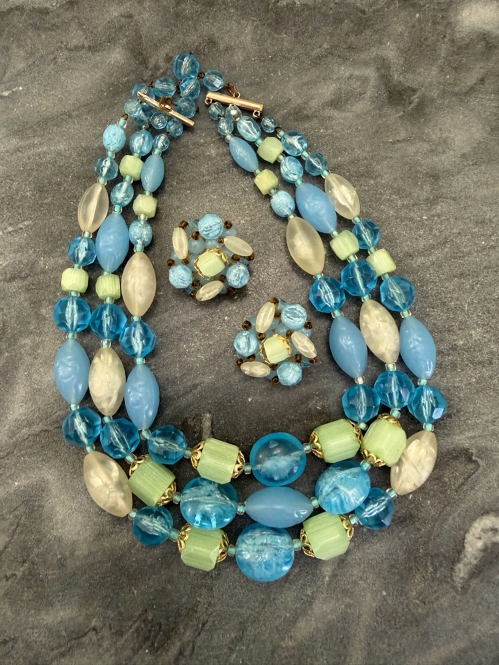 Vintage Atlas Glass Blue Green Beaded Multi-strand Statement Necklace Earring